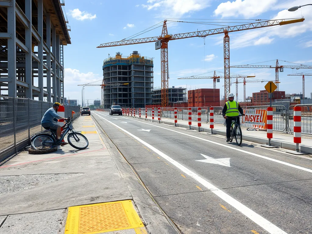 Bikers near a construction site focusing on responsible asphalt disposal