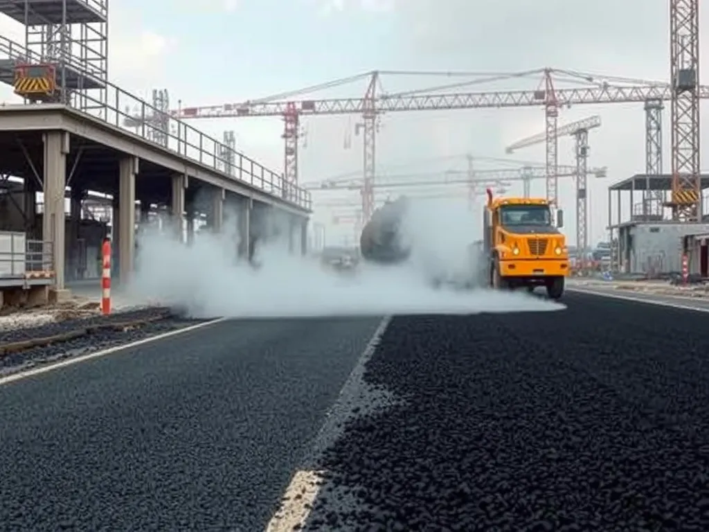 Construction site with a truck disposing hot asphalt responsibly