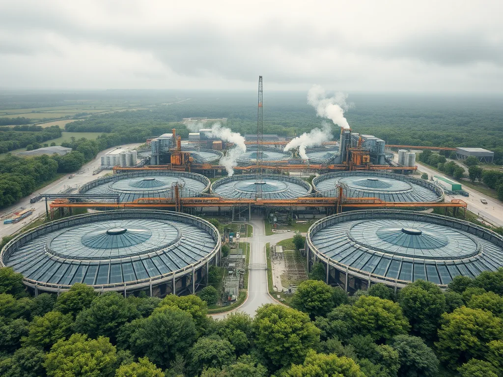 Aerial view of a distillation residue processing facility, showcasing large circular tanks and smoke emissions, relevant to distillation residue management.