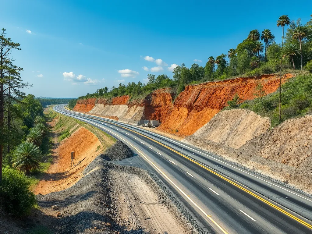 A road with exposed soil layers showcasing distillation residue in the surrounding environment.