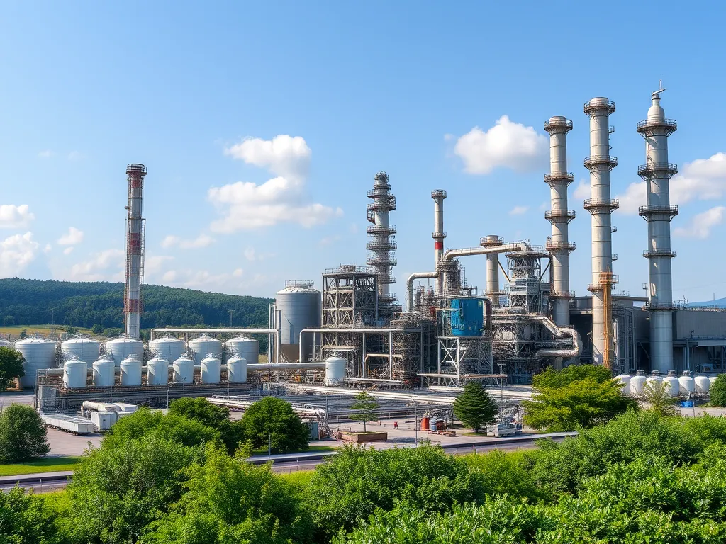 Refinery producing distilled bitumen with storage tanks and processing units.