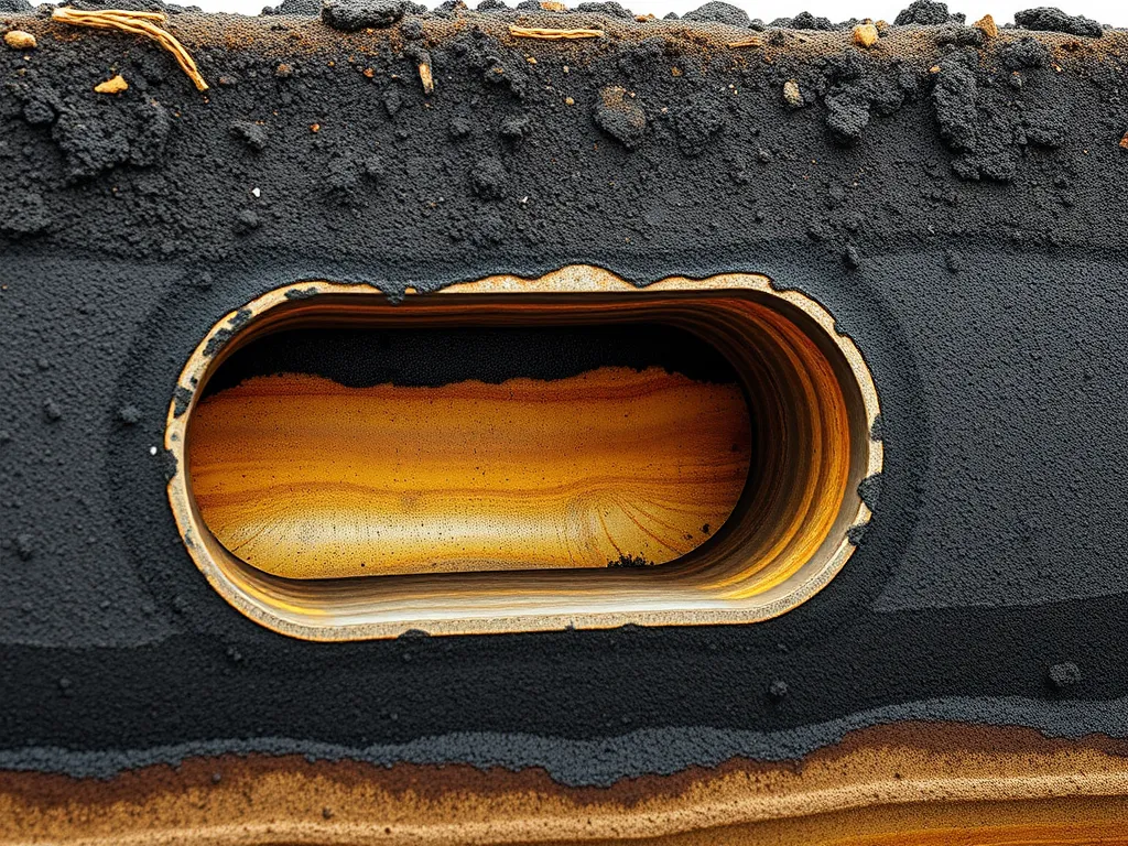 Cross-section of distilled bitumen showing its layered texture and composition.