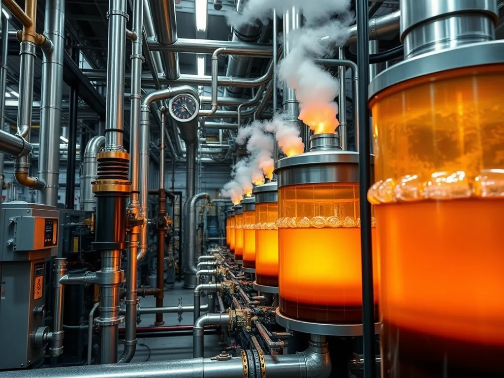 Industrial facility for distilled bitumen processing showcasing glowing orange tanks.