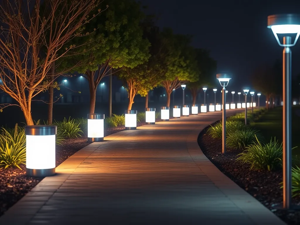 Beautifully lit driveway with modern lighting and landscaping for functionality and aesthetics.