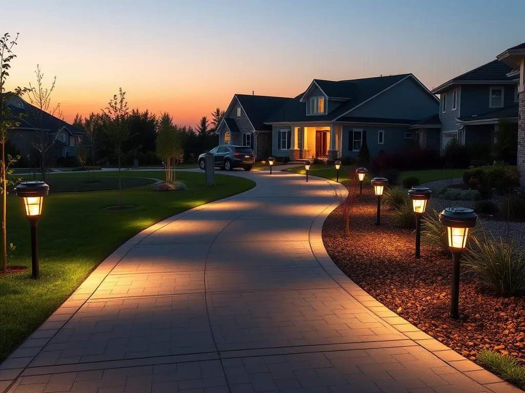 Beautifully lit driveway with modern landscaping, enhancing aesthetics and functionality.