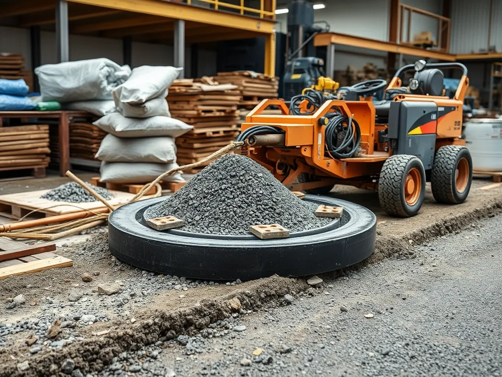 Heavy machinery and gravel used in the construction of a driveway base.