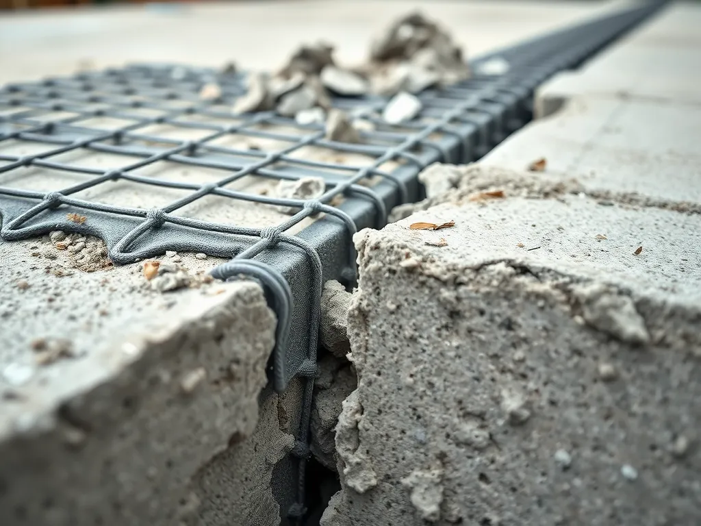 Close-up view of cracked concrete driveway showing reinforcing mesh and fracture.