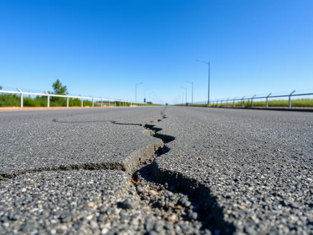 Close-up view of cracked asphalt driveway illustrating physics of driveway cracking.