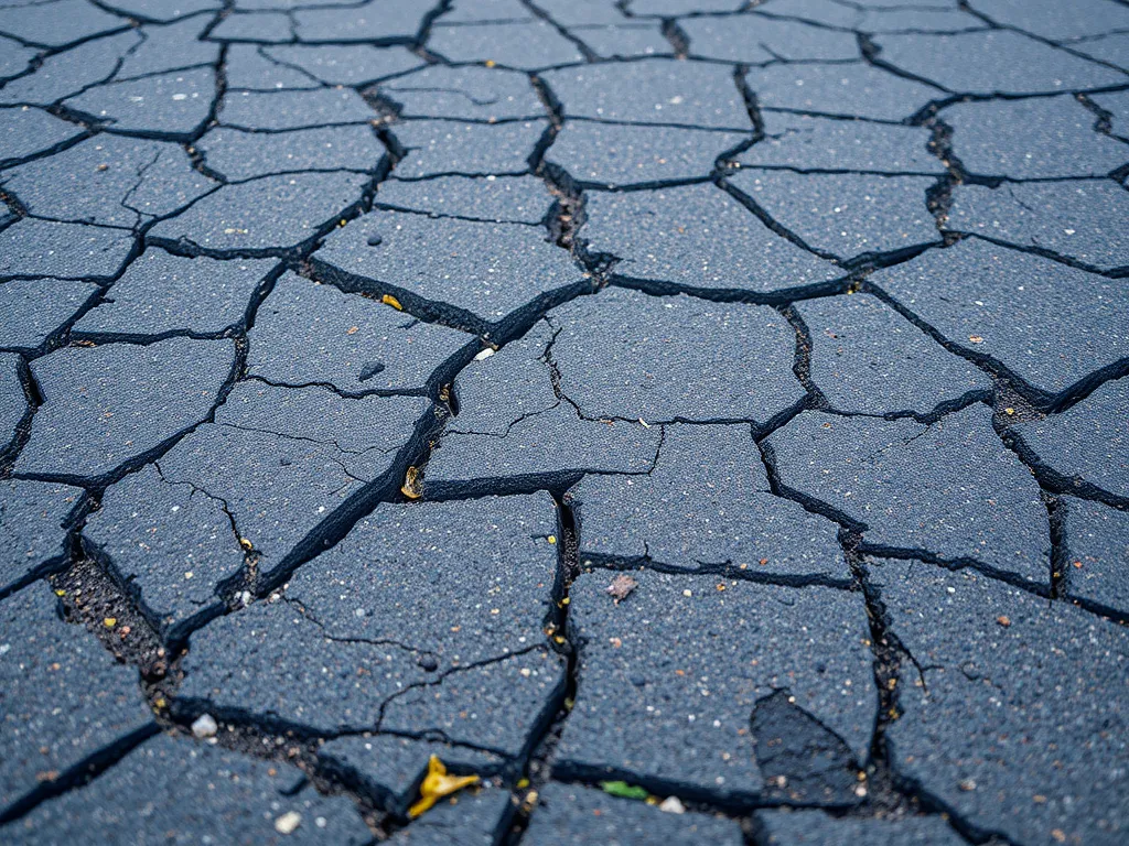 Close-up view of cracked driveway illustrating the physics behind pavement cracking