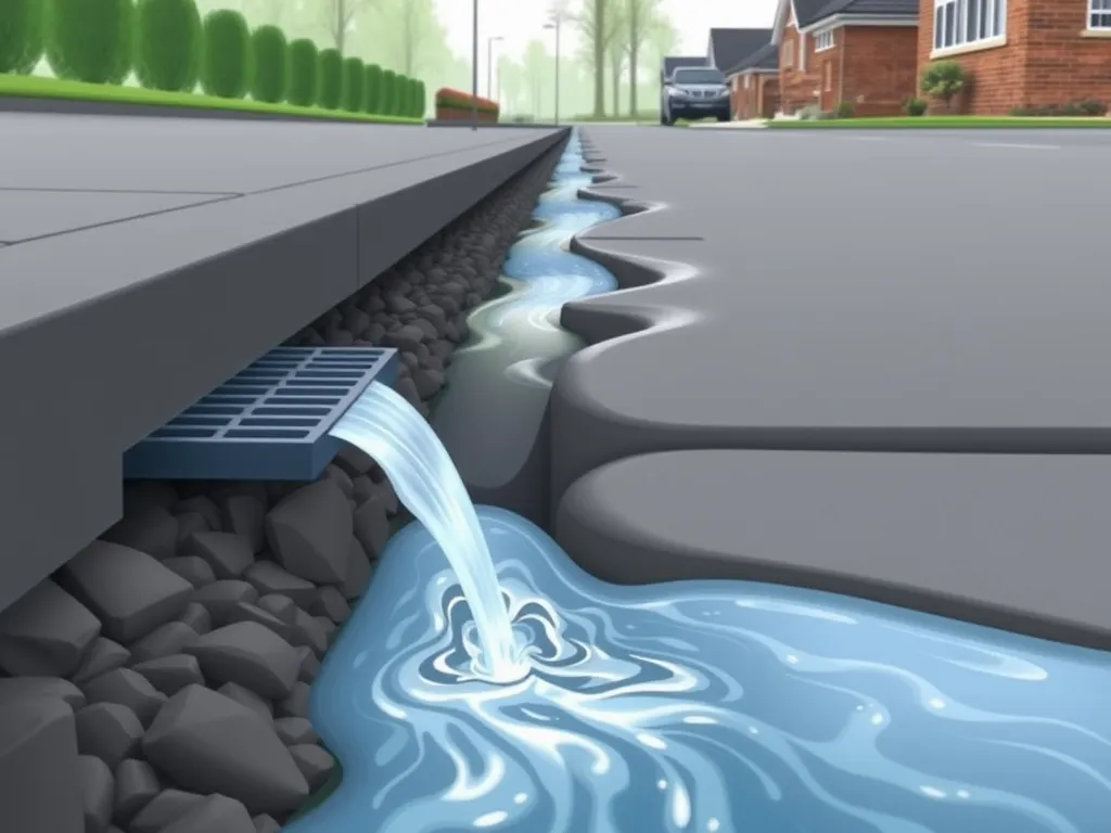 A visual representation of proper driveway drainage showing water flowing into a drain, highlighting drainage issues.