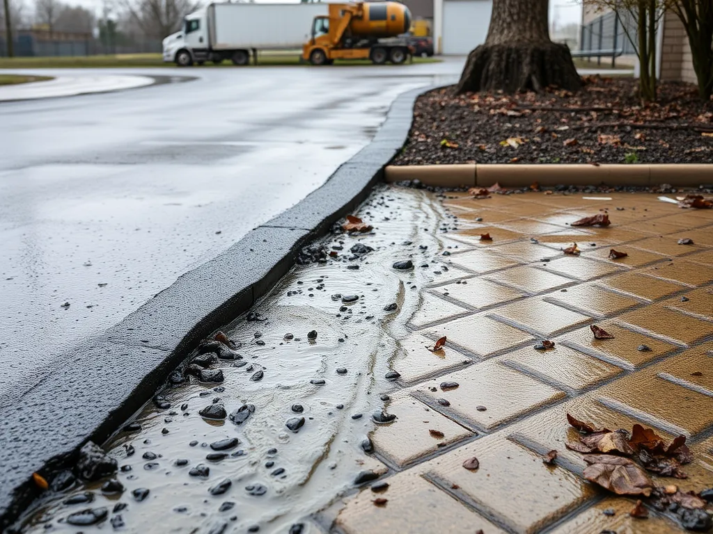 Driveway drainage system showing water runoff and gravel for improved drainage.