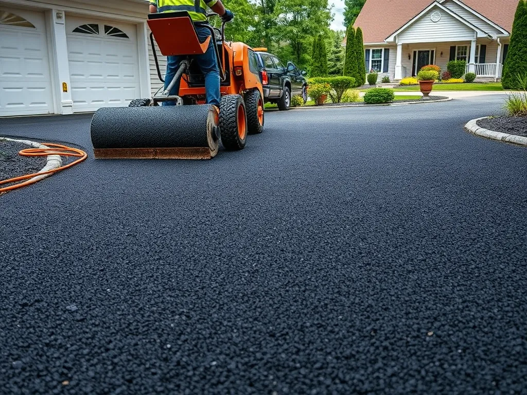 Worker applying asphalt to improve driveway durability