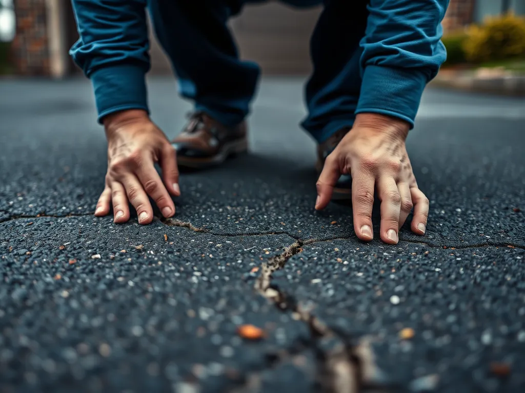Close-up of hands inspecting a cracked driveway surface for maintenance.