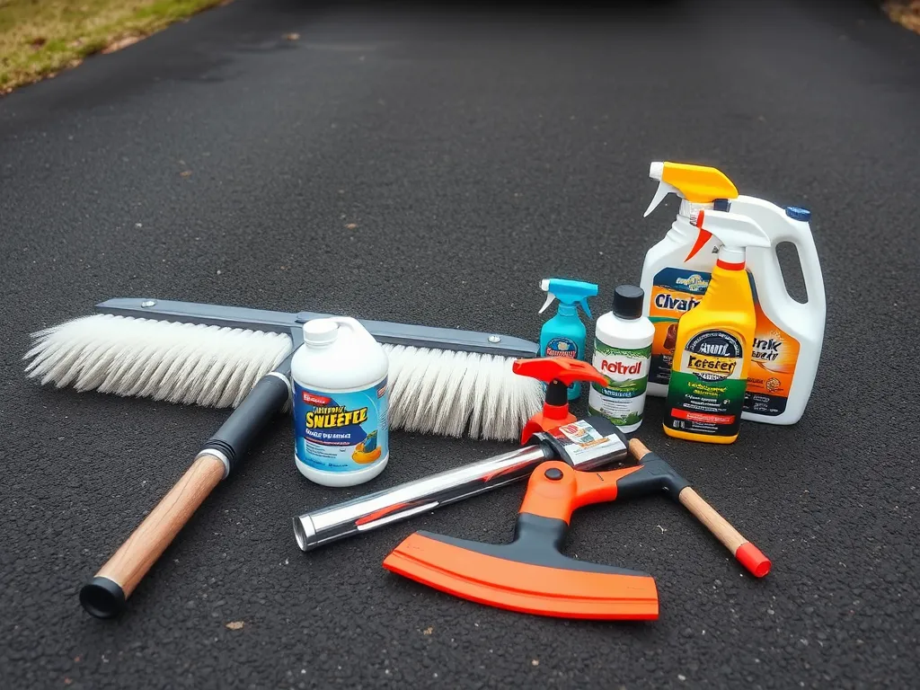 Variety of essential driveway maintenance tools including cleaners and brushes for homeowners.