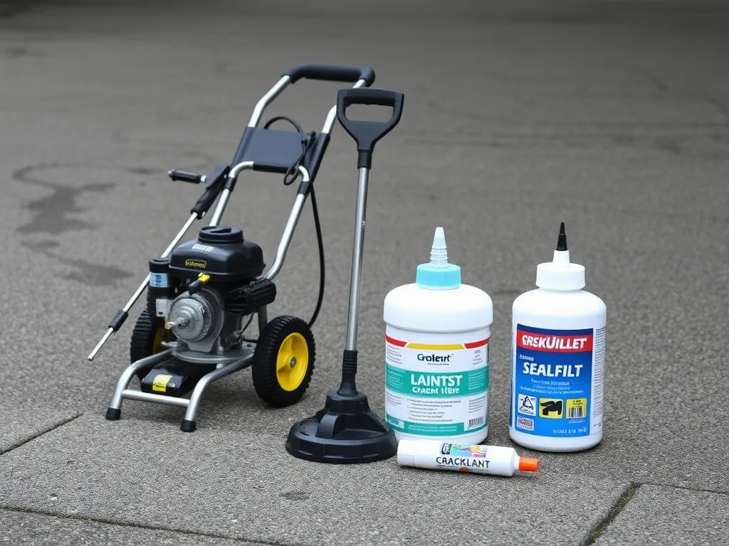 Essential driveway maintenance tools including a pressure washer, sealant, and crack filler.