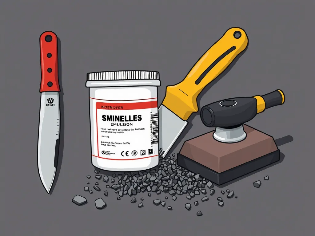 Essential tools for driveway maintenance including a knife, emulsion, and scraper.