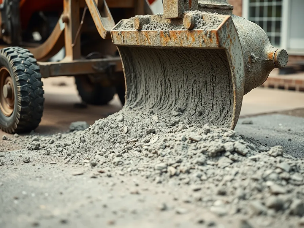 A close-up of a bulldozer pouring concrete for a driveway comparison between asphalt and concrete.