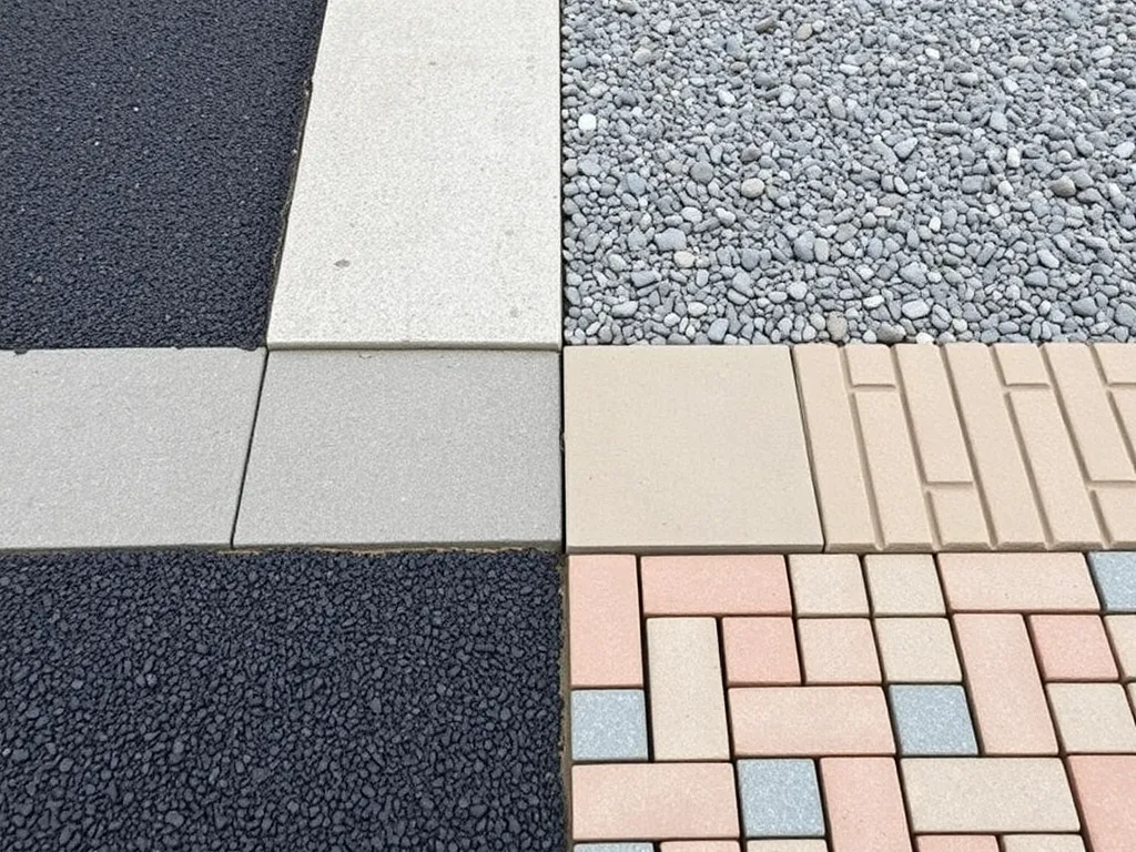 Different types of driveway materials including gravel, concrete, and paving stones.