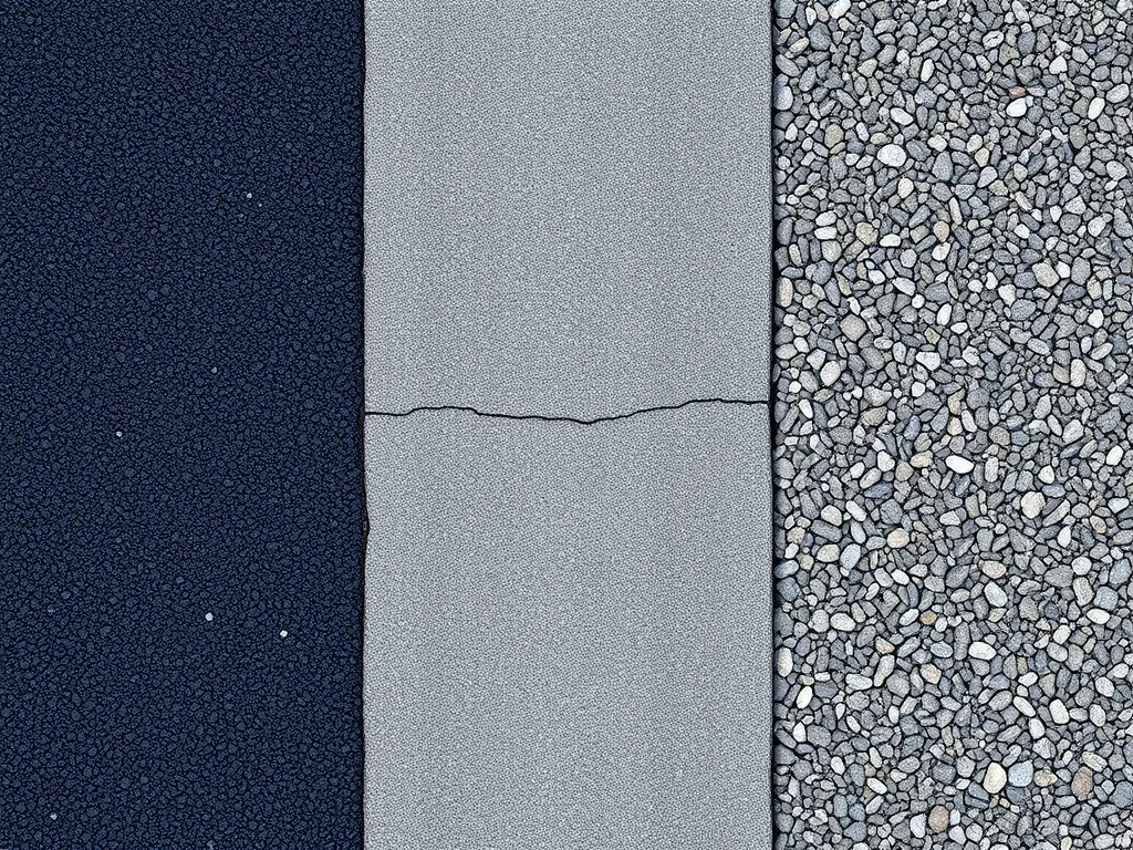 Different types of driveway materials showing asphalt, concrete, and gravel textures related to the life cycle of driveway materials.