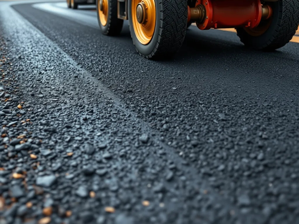 Close-up of asphalt paving machinery working on driveway materials, illustrating the life cycle process.
