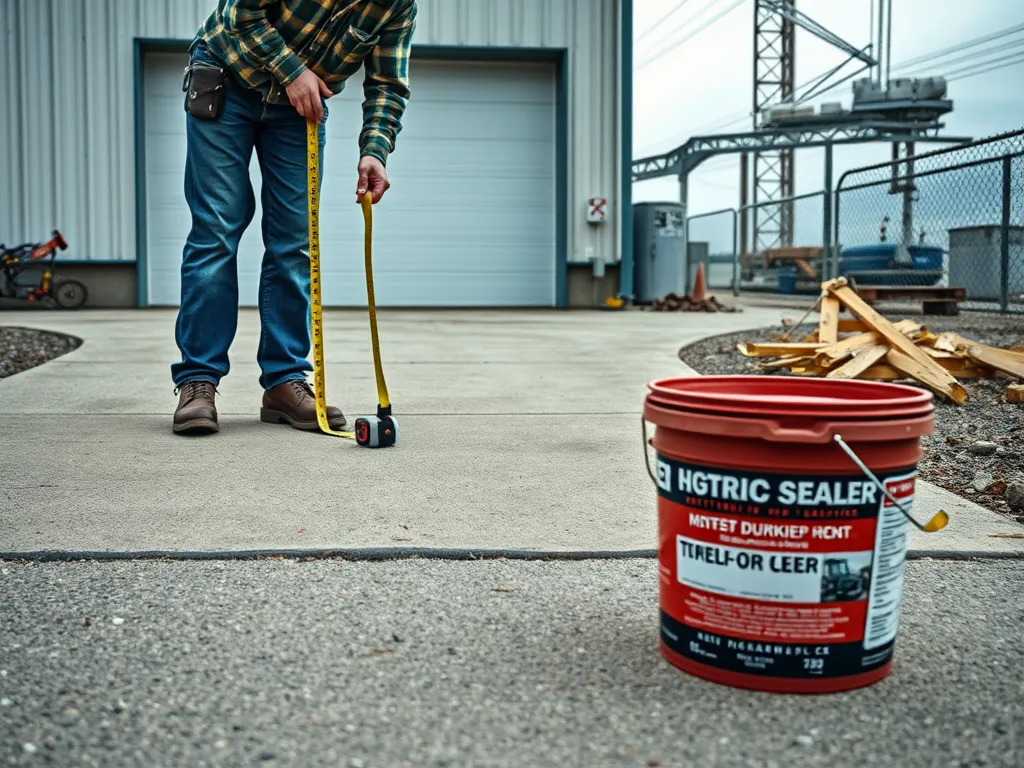 Person measuring driveway for appropriate sealer application