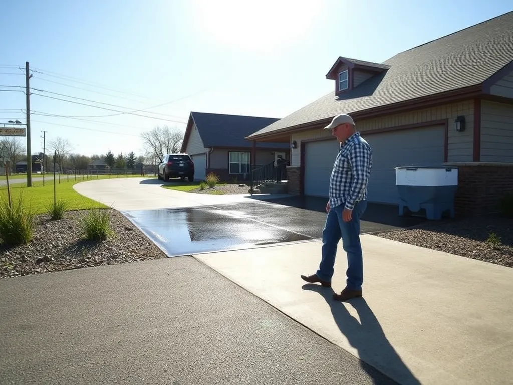 Man evaluating driveway surface for the right sealer application