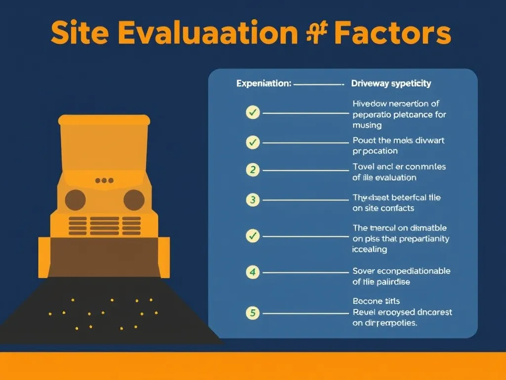 Overview of critical site evaluation factors for driveway preparation including aspects like soil stability and slope.
