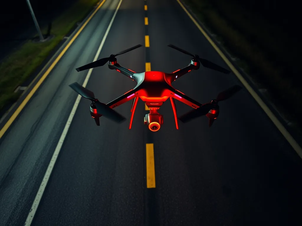 Drone flying over a road, monitoring asphalt quality for infrastructure inspection