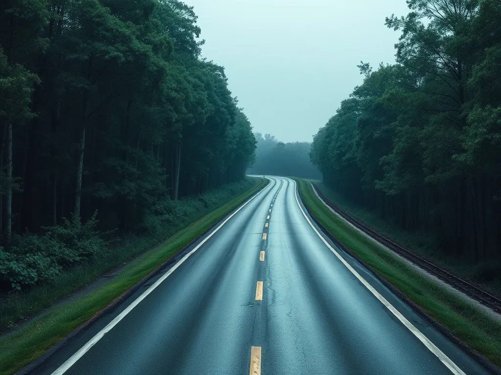 A winding road showcasing eco-friendly asphalt surrounded by trees, highlighting sustainable road construction.
