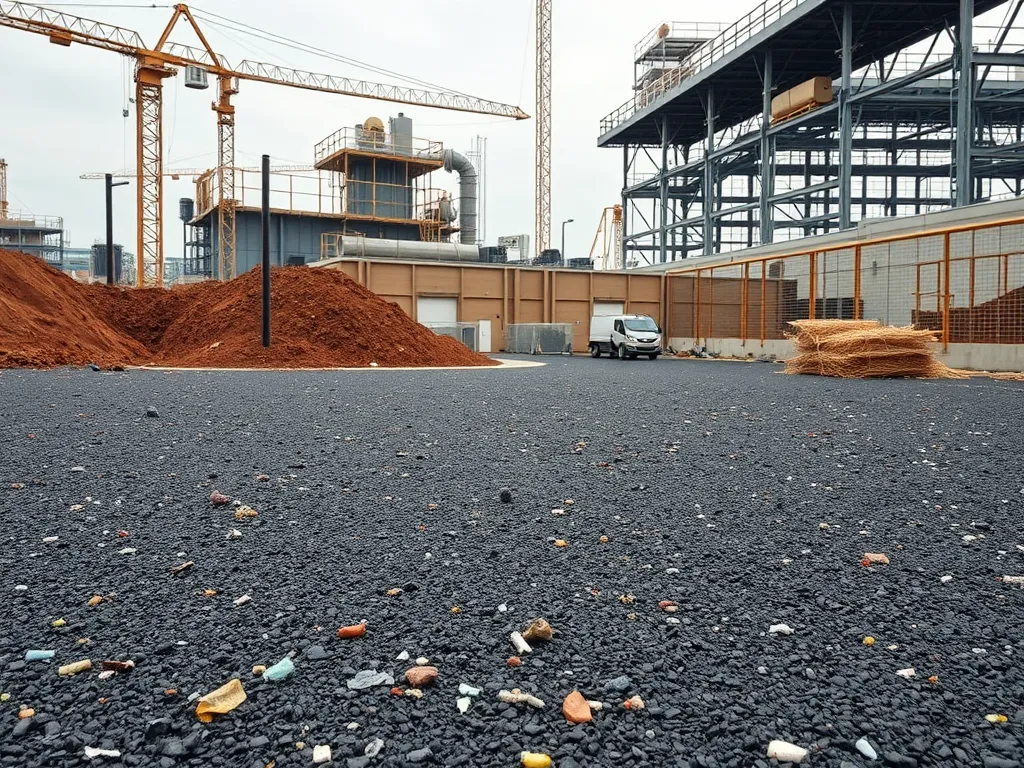 Recycled asphalt with mixed materials in construction site, highlighting eco-friendly asphalt options.