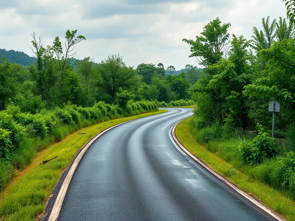 Sustainable road made with eco-friendly bitumen in green surroundings