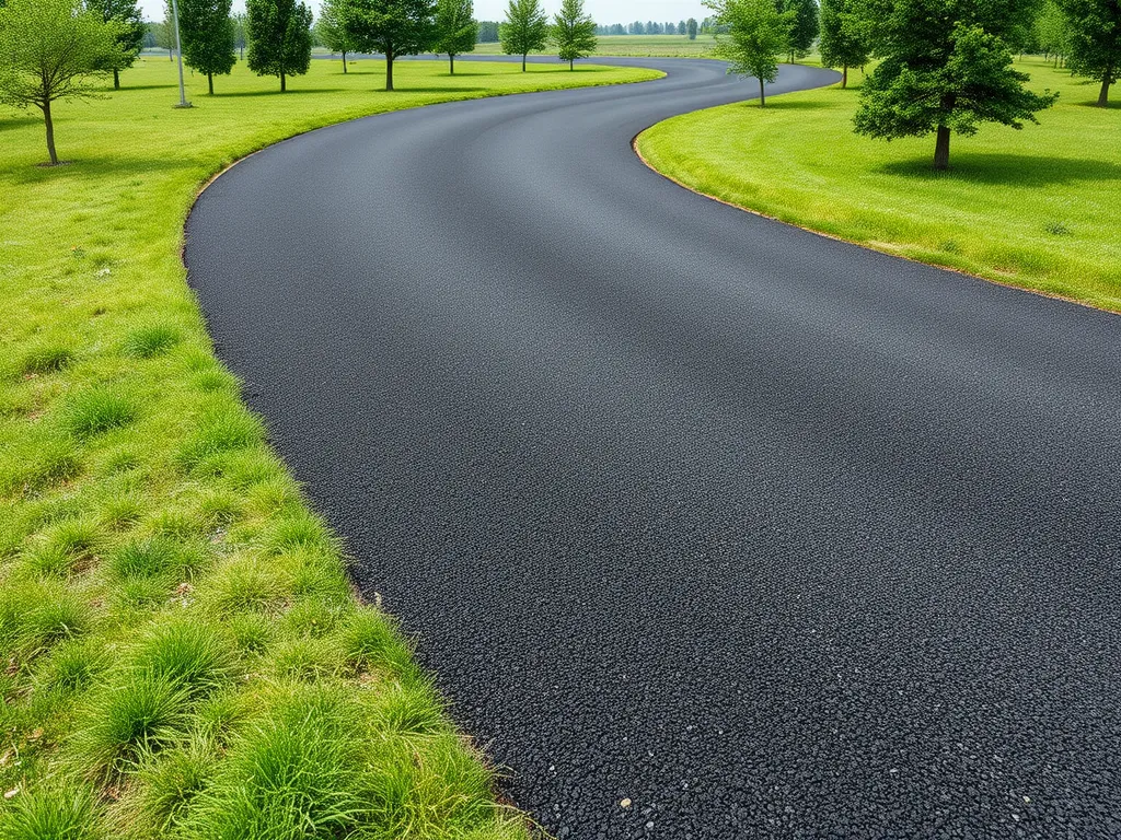 A winding road made of bitumen surrounded by lush greenery, exemplifying eco-friendly construction.