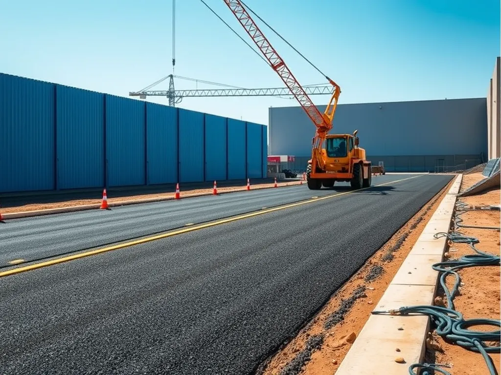 Construction site showing asphalt curing process for road maintenance and economic benefits