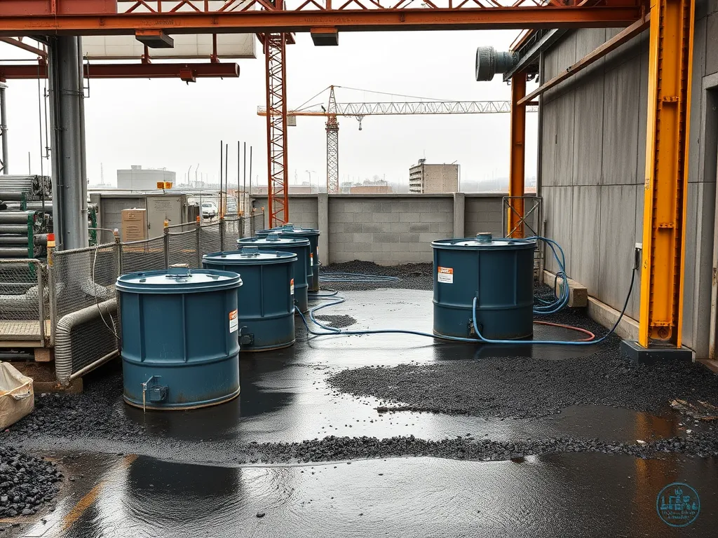Tanks used for asphalt curing on a construction site, highlighting the importance of effective asphalt curing in economic benefits.