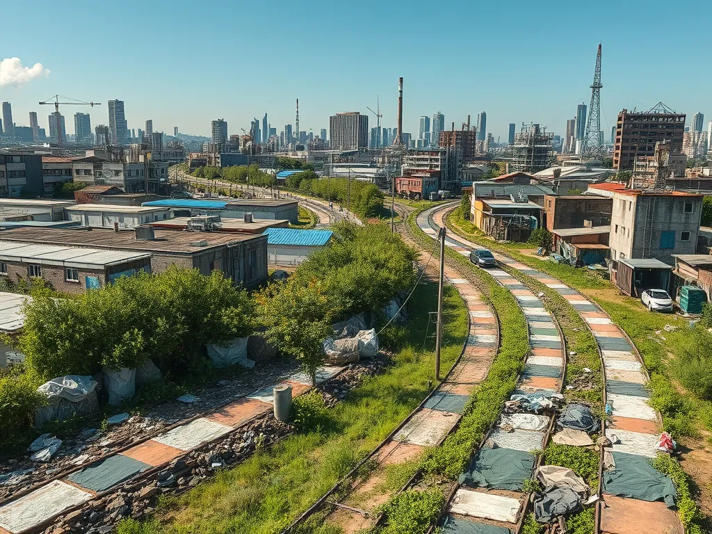 Overview of a cityscape showing infrastructure development related to large-scale asphalt projects