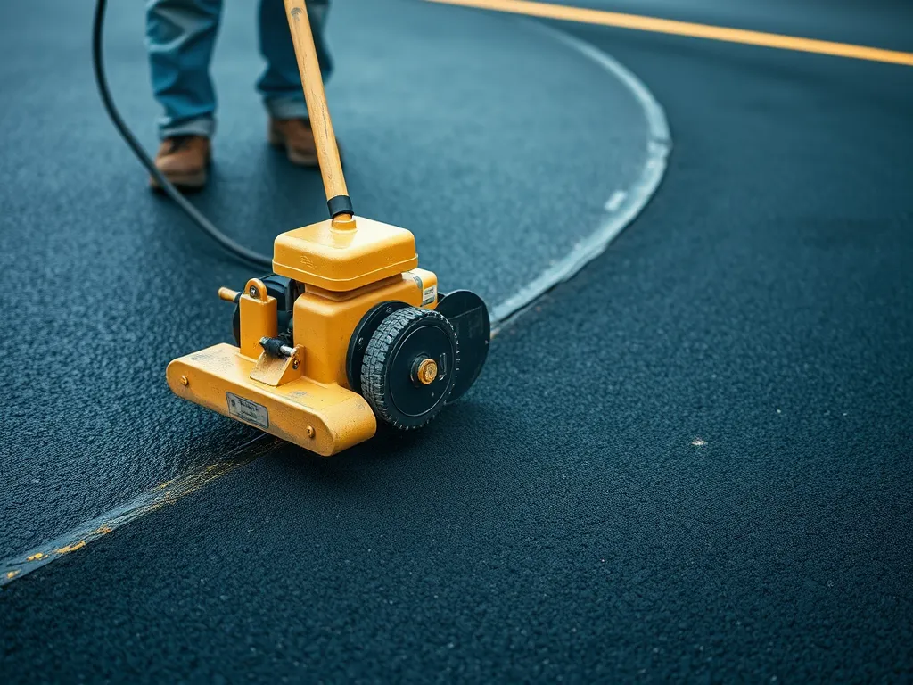 A worker using an edger and groover machine on freshly finished asphalt