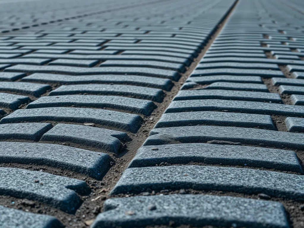 Close-up view of textured asphalt surface showing effects of edgers and groovers in finishing.