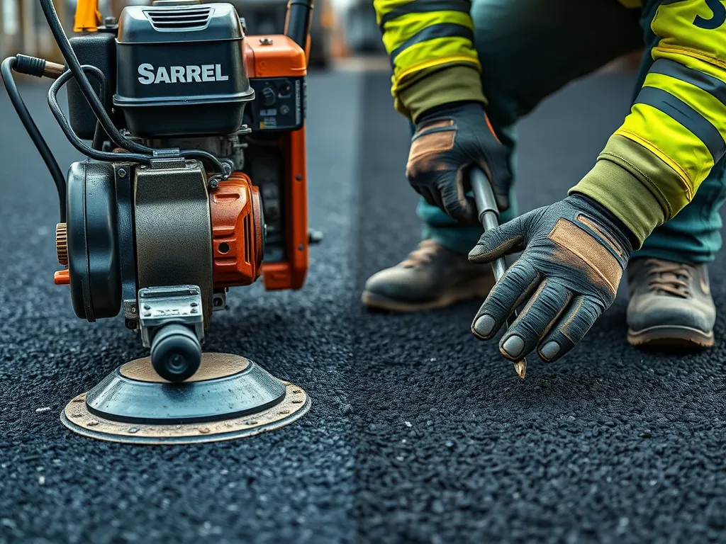 Worker using an edger and groover for asphalt finishing to create smooth edges.