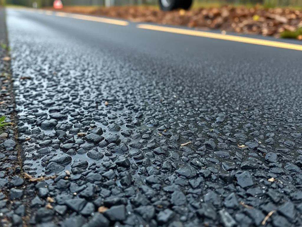 Close-up view of freshly sealcoated asphalt surface, demonstrating professional sealcoating techniques.