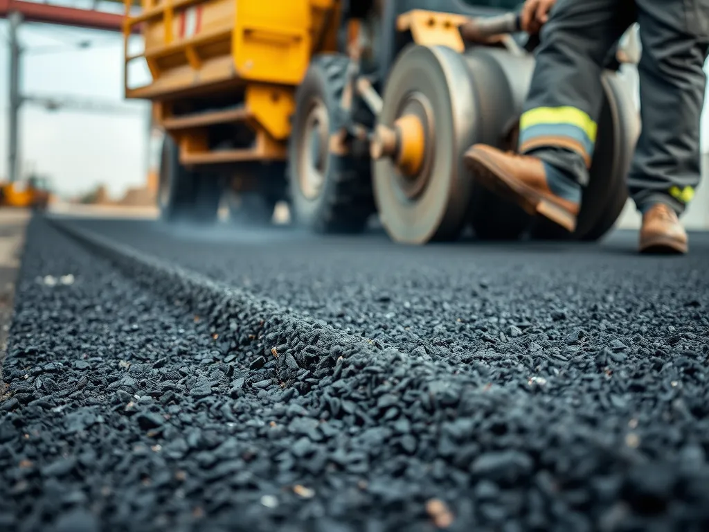 A close-up view of asphalt being laid during a repaving project, showcasing effective repaving techniques.