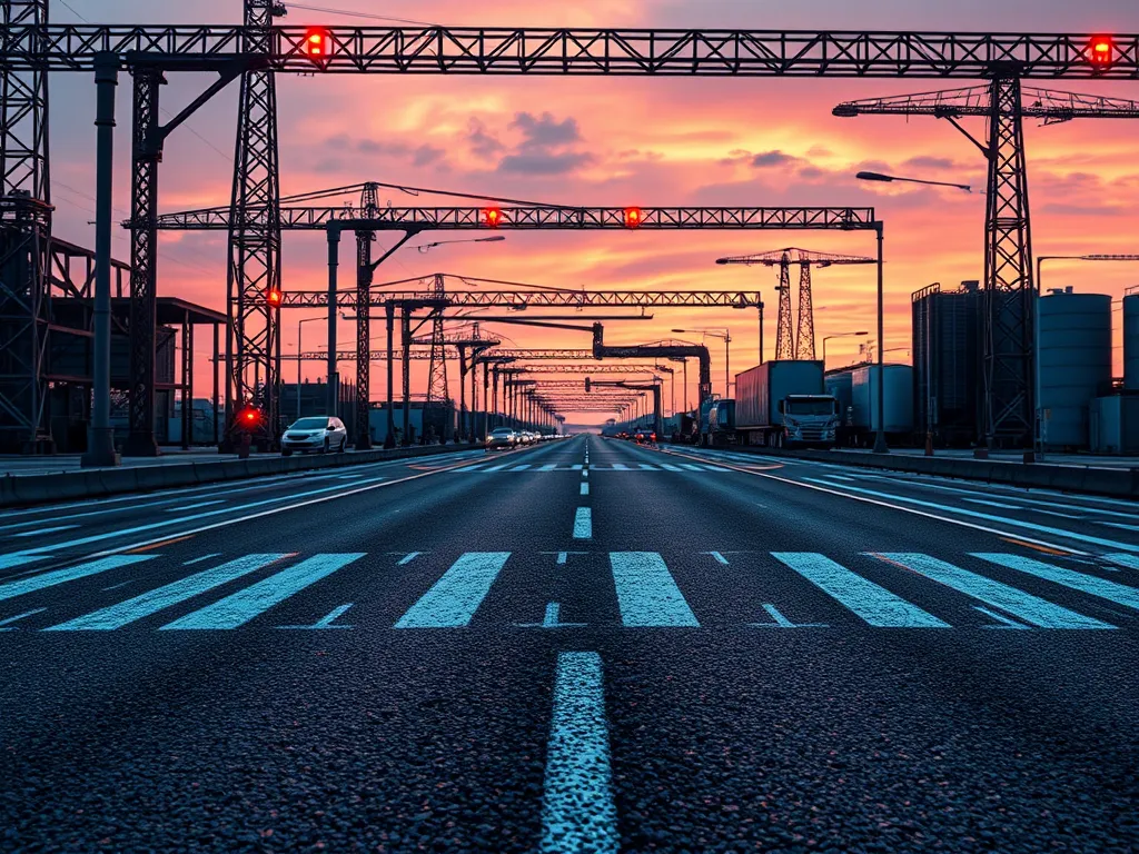 Testing hot mix asphalt methods in a construction environment with cranes and sunset.