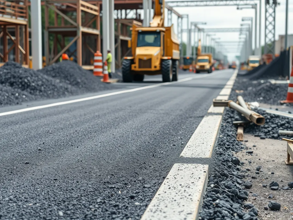 Construction site showcasing asphalt recycling equipment and processes for energy savings