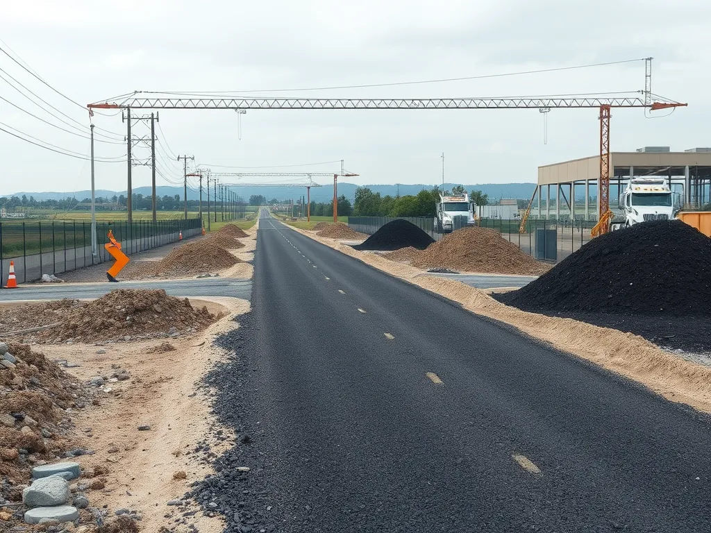 Recycled asphalt being processed for energy savings in road construction.