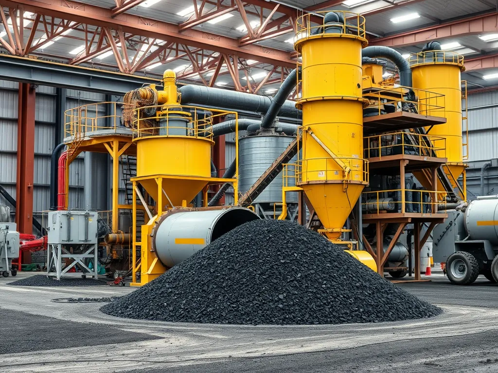Asphalt recycling facility showing machinery for energy-efficient processing of reclaimed asphalt.