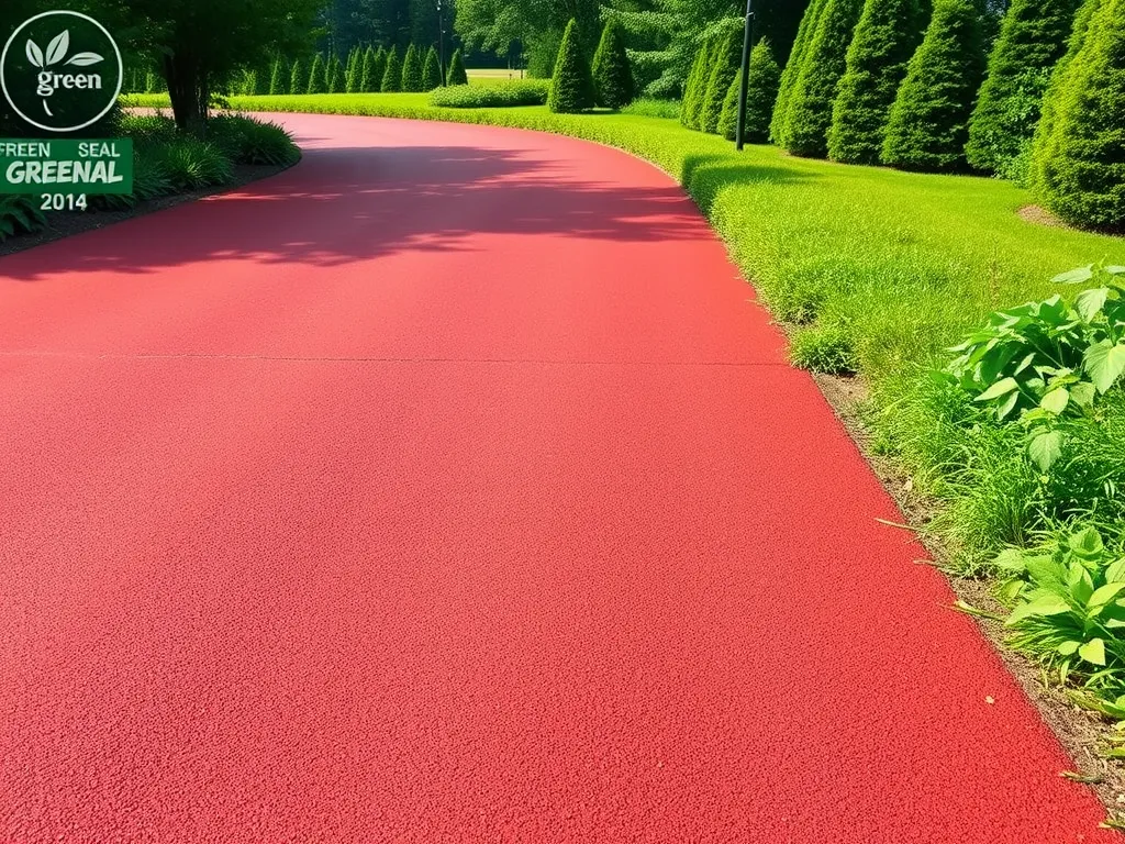 A freshly sealcoated red asphalt surface showing environmental benefits of sealcoating.