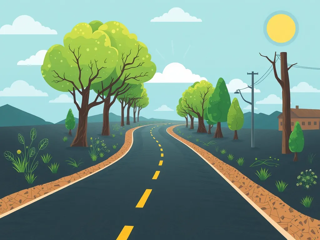 Illustration of a road lined with trees, showcasing the environmentally friendly characteristics of warm mix asphalt.