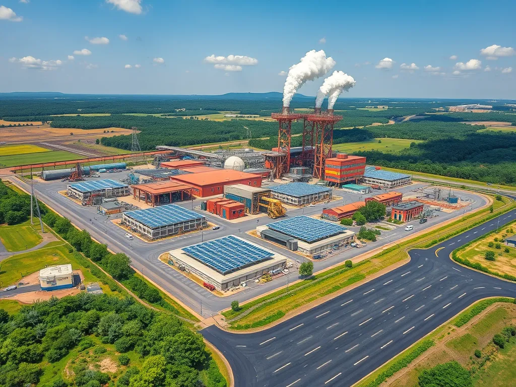 Aerial view of an asphalt production facility with smokestacks and solar panels, highlighting environmental considerations.