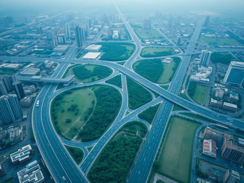 Aerial view of highways and asphalt roads affecting the environment.