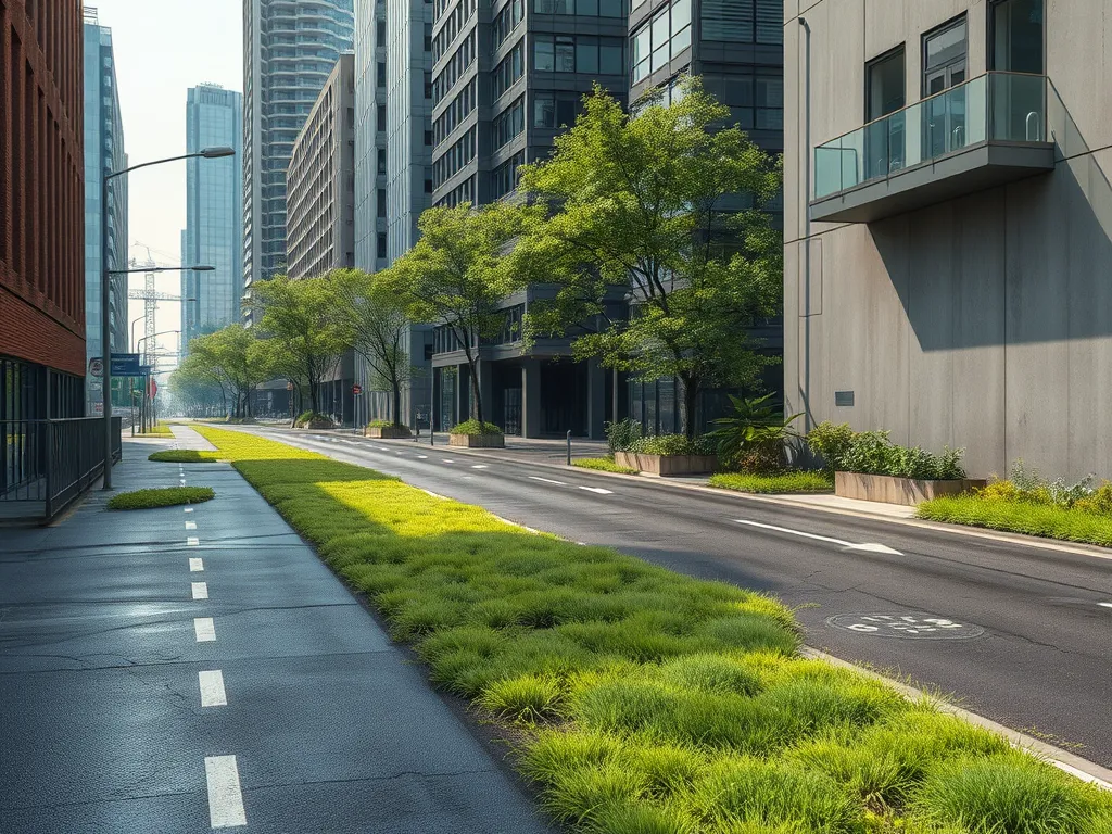 A view of a street with asphalt road surrounded by green spaces, highlighting the environmental impact of asphalt.