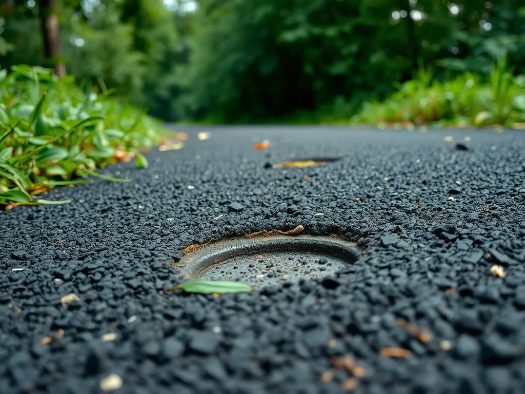 Close-up view of an asphalt road showing how it interacts with the environment.